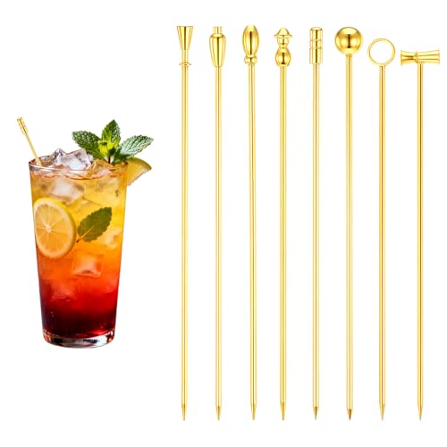 8Pcs Cocktail Picks Metal Martini Cocktail Picks Reusable Cocktails Skewers Cocktails Pick Accessories for Drinks Metal Toothpicks for Bartenders(Gold)
