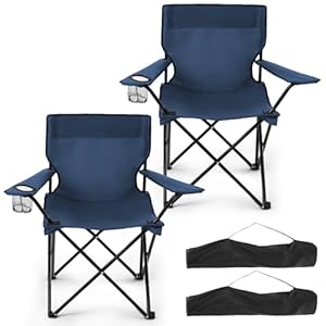 2-Pack Foldable Camping Chairs with Cup Holder, 300LB Lawn Portable Folding Chairs for Adults, Lightweight Outdoor Beach Chairs with Carry Bag for Camp, Fishing, Sports (Navy)