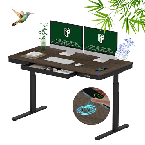 Image of FLEXISPOT 55 inch Bamboo Standing Desk, Dual Motor 3 Stages Adjustable Height Electric Computer Workstation Wireless Charging, Drawer, Quick Install, 220lbs Capacity (Dark Bamboo Tabletop + Black Frame)