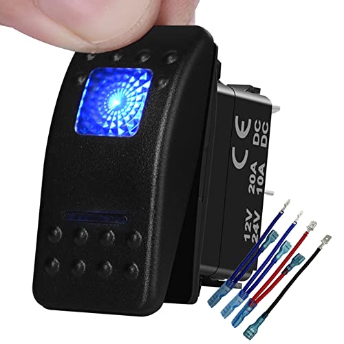 Image of Illuminated Blue Led Momentary Rocker Switch 7P (ON)-Off-ON DPDT for Car Marine Boat Van Bus RZR, with Jumper Wire Set