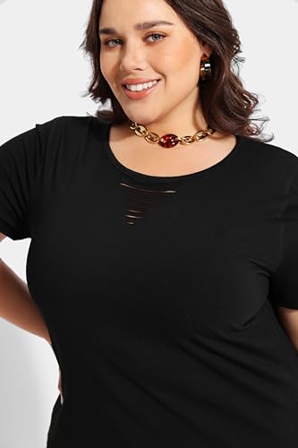 Image of CARCOS Plus Size Tops for Women Short Sleeve Shirts Basic Tee Solid Color Blouse V Neck Tunic Loose Fit Tshirts Summer XL-5XL