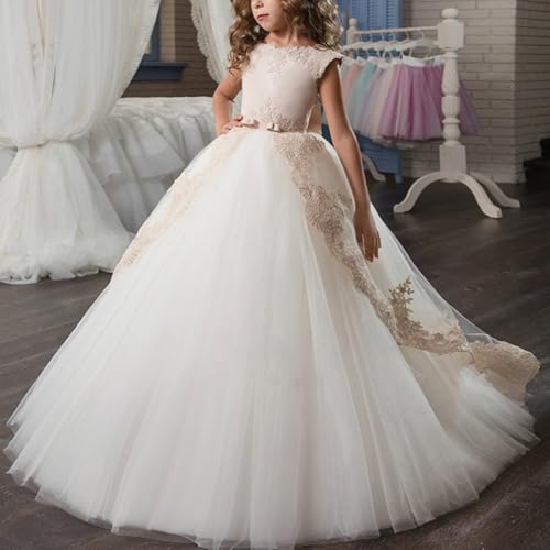 Tulle Princess Flower Girls Dress Laces Applique Communion Gown Big Bow Pageant Girls Dress A Line TZ014