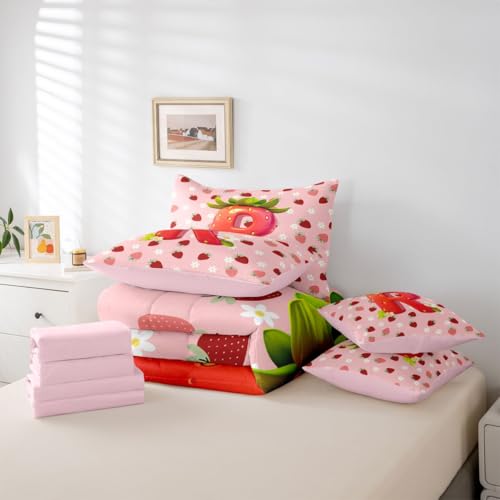 Image of Feelyou Girls Pink Red Strawberry Full Comforter Set with Sheets for Kids Boys Girls Initial Letter R 7 Pieces Bedding Set Princess Strawberry Bed in a Bag Room Decor Soft Lightweight Microfiber