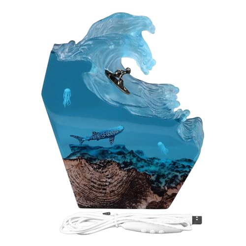 Ornement vague de l'océan en résine - Lampe de chevet sculptée avec scène sous-marine