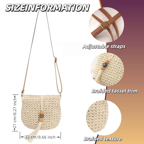 Handwoven Straw Crossbody Bag, Boho Beach Purse, Rattan Wicker Design with Adjustable Strap, Summer Vacation Tassels2