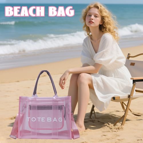 WREWING Clear Tote Bag for Women, Large Mesh Beach Bag, PVC Clear Crossbody Bags with Zipper, Stadium Bag for Travel Sports (Pink) by WREWING - Used condition - Image 2