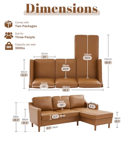 Image of Kingfun 88 inch L-Shape Sofa, Faux Leather Sectional Couch, Mid Century Modern Couches with Solid Wood Frame for Living Room Bedroom