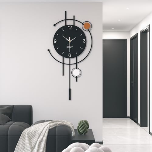 Moderno Minimalista Orologio da Parete Creativo Silenzioso Decorativo Orologio da Parete Alimentazione a Batteria Nero Metallo+Legno Orologi a Pendolo per Soggiorno Camera da letto Ufficio Cucina (L)