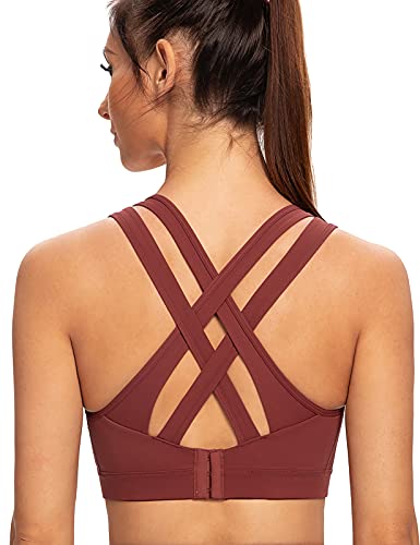 AGONVIN Women's High Impact Plus Size Large Bust Sexy Strappy Back Padded Sports Bra Cabernet Red XX-Large