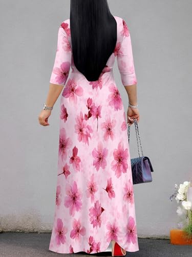 Image of SUZONANA Plus Size Dresses for Women Floral Print Maxi Dress Flowy 3 /4 Sleeve with Belt