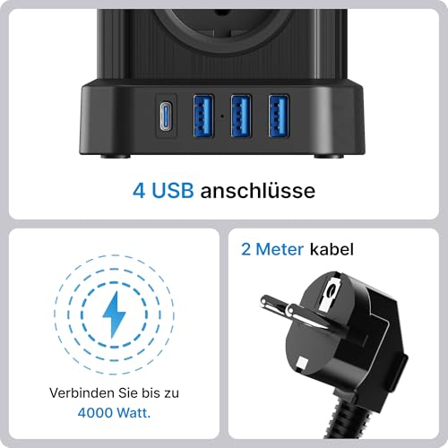 Voomy 9-in-1 Steckdosenwürfel Mit USB C (20W), Mehrfachsteckdose 4000W, 2M Verlängerungskabel, Mehrfachstecker Schalter, Steckerleiste Überspannungsschutz, Steckdosenleiste USB C, Schwarz – Bild 4