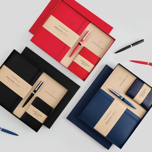Image of myPAPERCLIP Executive Series A5 Diary & Pen Gift Set | Includes Classic Ball Pen, Italian Leather Card Holder & Softcover Notebook | 192 Pages, 80 GSM | Ideal Corporate, Office & Personal Gift | Blue