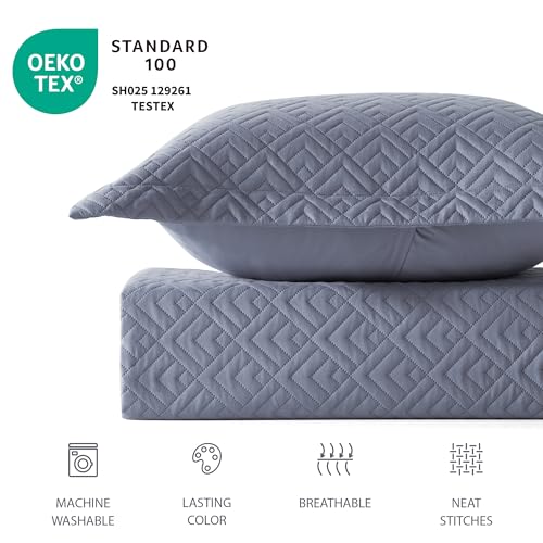 EXQ Home Quilt Set King Size Blue 3 Piece, Lightweight Soft Coverlet Modern Style Squares Pattern Bedspread Set for All Season(1 Quilt,2 Pillow Shams)