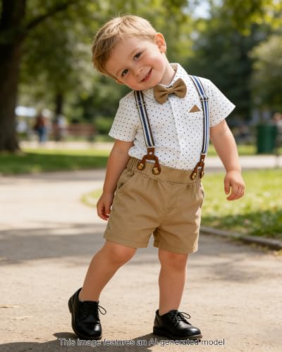 Image of SANGTREE Baby Boy Suit Wedding Ring Bearer Outfits Vest Short Sleeve Bowtie Shirt Suspender Summer Gentleman Shorts Sets