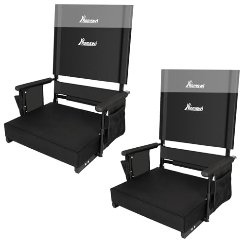 Romswi 2-Pack Stadium Seat with Height Adjustable High Back & Lumbar Support, 3' Thick Bleacher Chairs with 2 Height Adjustments, Armrests & Cup Holders, Comfortable & Portable, Black