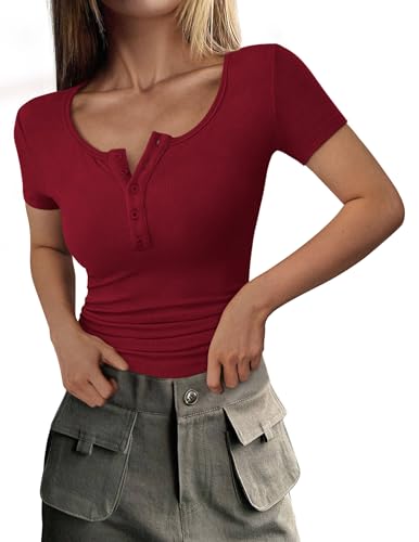 PRETTYGARDEN Womens 2026 Summer Short Sleeve Tops Ribbed Henley Button Slim Fit Basic Casual T Shirts Blouse Fashion Clothing (Wine Red,Large)