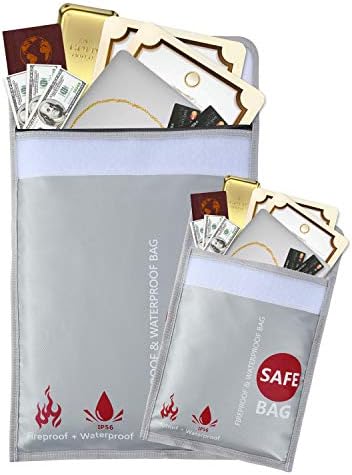 GEMEK Fireproof Document Bag 2 Set (15"x11" and 9"x7") Silicone Coated Fiberglass Money Bag Pouch Document Holder for File Cash Jewelry Passport Valuables (Silver)