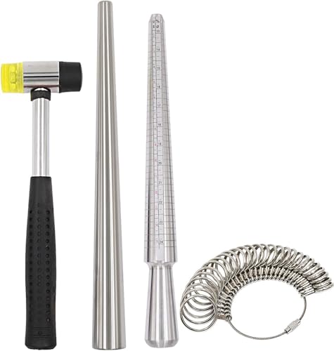 Ring Mandrel Sizer Tool with Metal Mandrel Finger Sizing Measuring Stick and Ring Sizer Guage of 27 Pcs Circle Models Jewelry Sizer Tool and Rubber Jewelers Hammer
