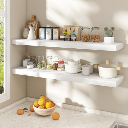 Image of Dreamland White Floating Shelves 48 Inch Long,8 Inch Deep Floating Shelves,48 inch W x 8 inch D Wall Shelves for Bedroom,Living Room,Kitchen,Bathroom,Set of 2