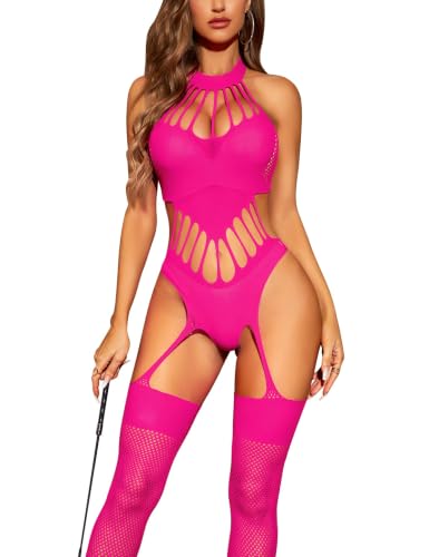 Image of RSLOVE Women Fishnet Bodystocking Lingerie for Women Naughty Sexy Tights Outfits Neon Pink One Size