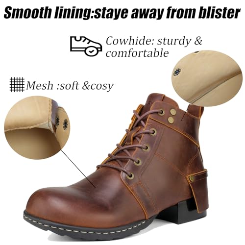 Motorcycle Boots Men CasuaL Riding Leather Motorcycle Combat Boot/Shoes Fashion Lace-up Chukka Boot Ankle Caramel Brown HF002-14