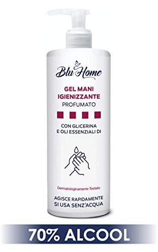 BLU HOME Gel Mani Igienizzante 70% ALCOOL Dispenser 500 ml con Oli Essenziali di Limone e Tea Tree e con Glicerina Naturale (1 pezzo)