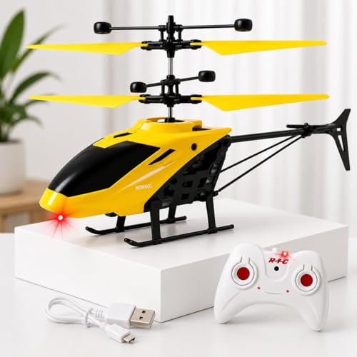 Image of Gravity Sensor Helicopter Toy for Boys with Safety Sensor, Indoor Palm Sensing, Rechargeable with LED Lights I Pack of 1 | For Kid (Yellow Colour)