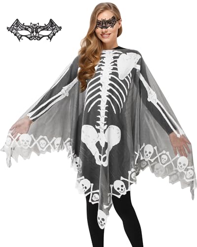Halloween Skeleton Poncho for Women, Lace Skeleton Cape Shawl with