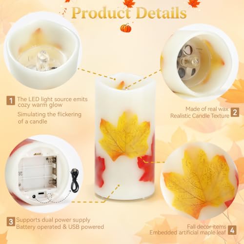 Image of Fall Flameless Candles Projector Lights with Pumpkin Maple Leaf Projection