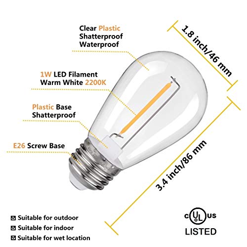 Shatterproof & Waterproof S14 String Light Bulbs-Equivalent To 10 W, S14 Led Bulb Fits For Commercial Outdoor Patio Garden Vintage Lights, E26 Base 2200K Cri>90,70Lm,Warm White(24 Pack) #TOP1