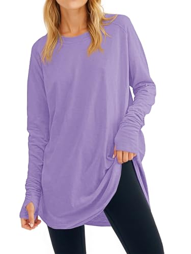 Fisoew Women's Casual Long Sleeve Tops Crew Neck Round Hem Loose T-Shirts Tunic Tops with Thumb Holes Light Purple