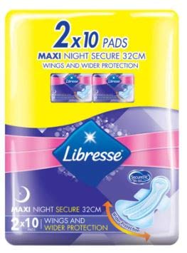 LIBRESSE Maxi Night Secure 32cm 2 x 10s - with Deep Flow Channels DFC Quick Absorption with an All Round Barrier.