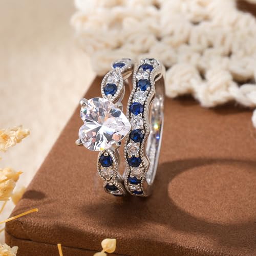 Image of Jeulia 3 Carat CZ Solitaire Engagement Rings Halo Milgrain Heart Cut Sterling Silver Ring Set Promise Engagement Wedding Anniversary Rings Bridal Sets for Women