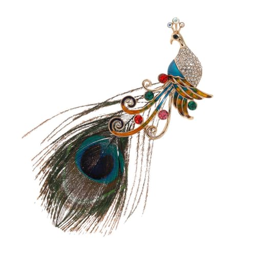 Image of Rhinestone Peacock Feather Brooch for Women Girls Gold Plated Fashion Artificial Blue Green Bird Animal Brooches Lapel Pins Hat Bag Suit Dress Accessories Wedding Anniversary Jewelry Gift