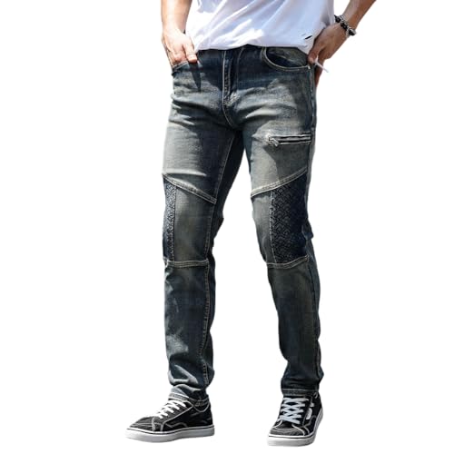 Mens Slim Fit Bike Jeans Distressed Straight Leg Cargo Denim Pants