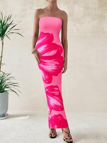 Image of PRETTYGARDEN Women Summer Strapless Maxi Dress Bodycon Floral Sexy Long Wedding Guest Dress Formal Tube Mesh Cocktail Dresses