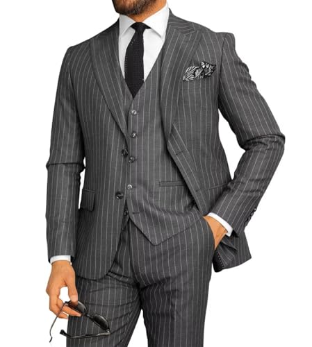 Men's 3 Piece Suits Slim Fit Pinstripe Wedding Tuxedos Casual Suits Jacket Vest Pants Formal Prom Suits
