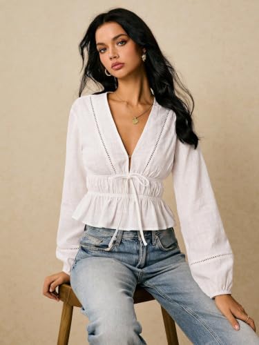 Image of Shasmi Women's Solid Deep V Neck Cotton Long Bishop Sleeve Drawstring Waist Ruffle Hem Peplum Top | Blouse | Casual Boho Cottagecore Shirt for Office, Vacation & Daily (Top 304)