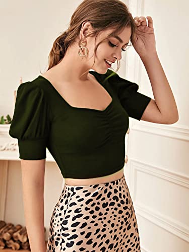 Image of Istyle Can Sweetheart Neck Ruched Front Puff Sleeve /Half Sleeve Streachable Solid /Plain Slim Fit Crop top for Women | Women's Slim FIT Crop TOP | Tops for Women