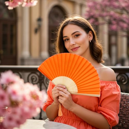 Image of Fabric Handheld Folding Hand Fan With a Tassel Grade A Bamboo Ribs for Women Girls Summer Party Event Favor Birthday Wedding Souvenir Gift (Orange)