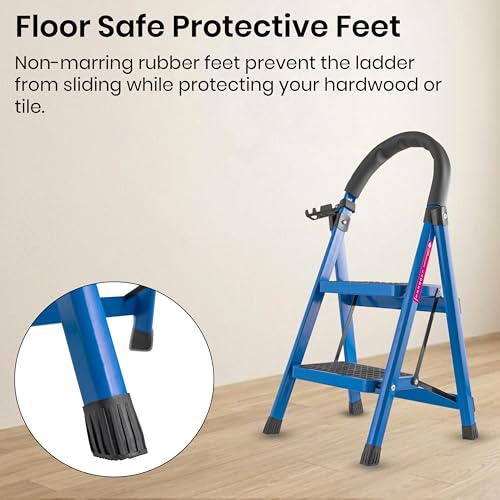 Image of Casa Copenhagen Blue 2 Step Ladder for Home Use with Built-in Tool Tray | Heavy Duty D Shape Rods | Ultra Large Platform | Wide Rubber Feet | 150Kg Capacity Foldable Ladder - 7 Years Warranty