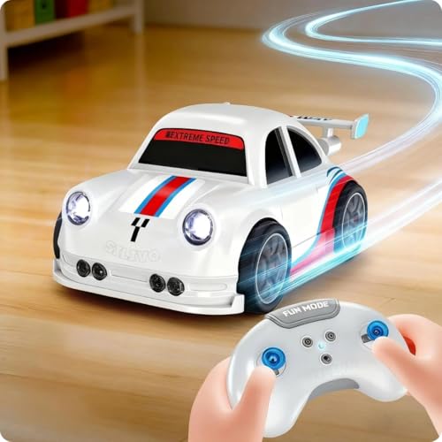 LODBY Rechargeable Drifting RC Car for Kids, 2.4 GHz Remote Control Racing Car with LED Lights Sound Effects, 360° Spins Follow and Escape Modes Senso