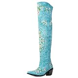 VOMIRA Over the Knee Boots Retro Snip Toe Floral Embrpidery Cowboy Boots Soft Leather Knee High West