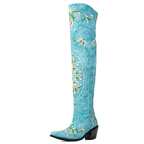 Vomira Over The Knee Boots Retro Snip Toe Floral Embrpidery Cowboy Boots Soft Leather Knee High Western Boots For Women #TOP7