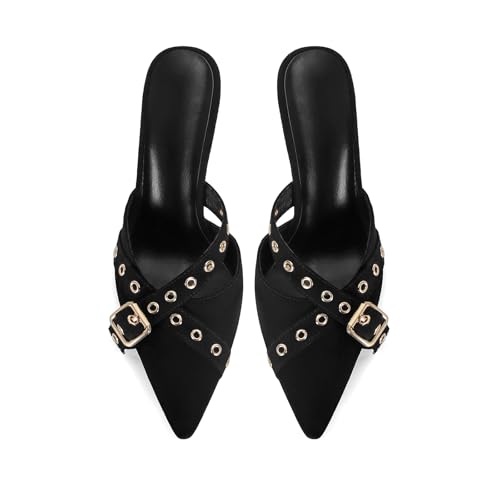 Image of Dsevht Black Kitten Heels for Women Pointed Closed Toe Dressy Bow Heel Vintage Heeled Mules Sexy Pointy Studded Slip on Stiletto Pump Shoes