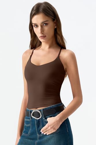 Image of QINSEN Womens Cross Back Tank Top V Neck Double Lined Camisole Top Sleeveless Spaghetti Strap Going Out Tops