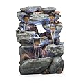 Alpine Corporation WIN1068 Outdoor Floor Rock Water Fountain with LED Lights, 5-Tier Rock Waterfall Fountain 54", Dark Brown