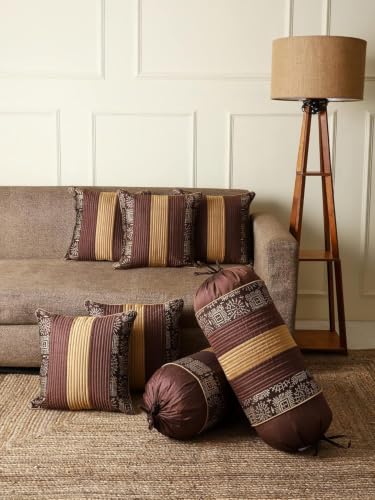 Image of Gifts Island Combo Silk Traditional Striped & Rajasthani Warli Golden Hand Printed Pillow Cushion Covers 16x16 inches Set of 5 & Round Pillow Bolster Covers Set of 2 16x32 inches (Brown)