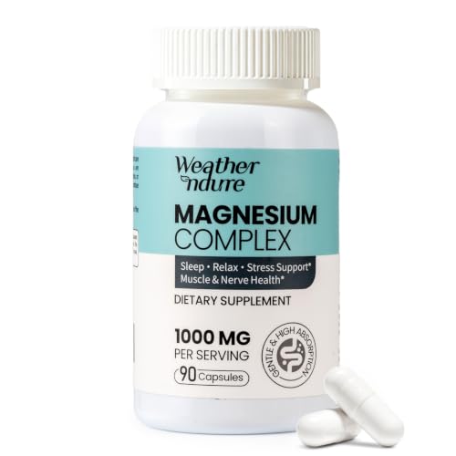 Weatherndure Magnesium Complex 1000mg, 6 Forms Magnesium Glycinate Citrate Malate Taurate Oxide Aspartate, Sleep Relax Stress Muscle Nerve Support, Vegan Non-GMO, 90 Capsules