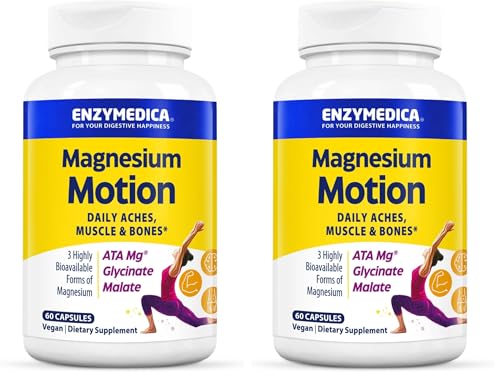 Image of Enzymedica, Magnesium Motion with 3 Forms of Magnesium, ATA Mg, Glycinate, Malate, Soothes Occasional Aches, Supports Bones & Muscles, 60 Count (Pack of 2)